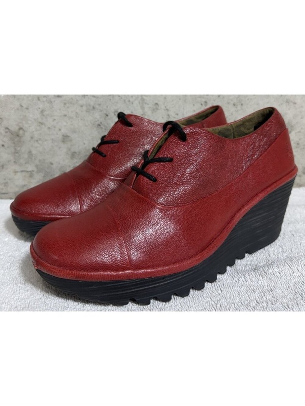 FLY London “Yif” Red Leather Wedge Oxford Platform Ankle Boots Womens EU 40 US 9